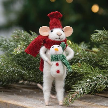 Load image into Gallery viewer, Christmas Mouse &amp; Baby Snowman Felted Ornament 5.5 Inch High
