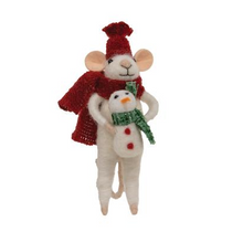 Load image into Gallery viewer, Christmas Mouse &amp; Baby Snowman Felted Ornament 5.5 Inch High
