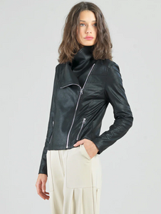 Black Liquid Leather Drape Neck Jacket by Clara Sunwoo
