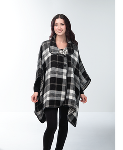 Plaid Collared Button Wrap/Shawl in Black and White