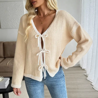 Contrast Trim Tie Front Knit Cardigan Sweater