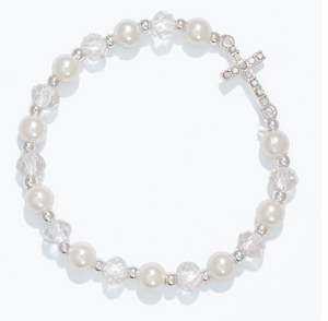 Crystal Cross Silver Beaded Bracelet