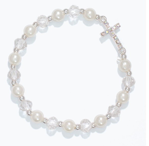 Crystal Cross Silver Beaded Bracelet