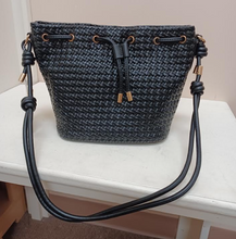 Load image into Gallery viewer, Elliana Faux Woven Bucket Bag in Black
