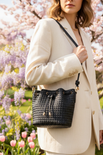 Load image into Gallery viewer, Elliana Faux Woven Bucket Bag in Black
