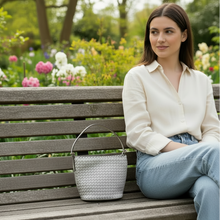 Load image into Gallery viewer, Emerson Diagonal Woven Bucket Bag in Greige
