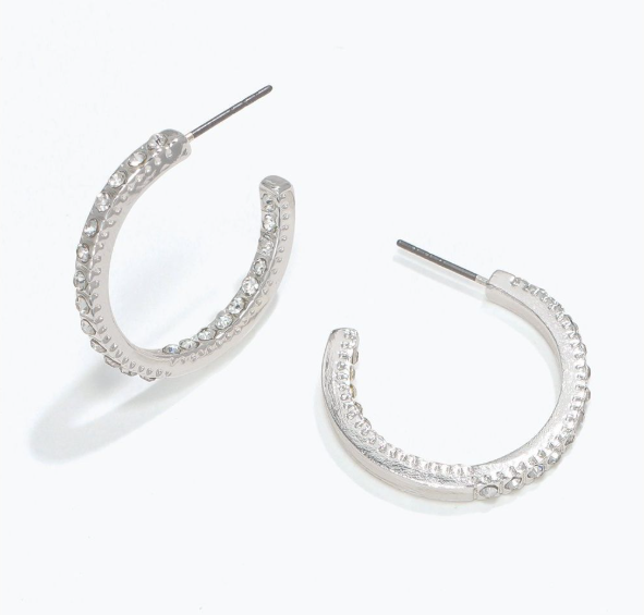 Flat Silver Hoops with Crystal Inlay