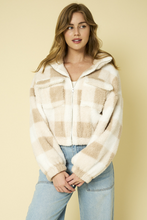 Load image into Gallery viewer, Fleece White-Taupe Plaid Zip-Up Jacket
