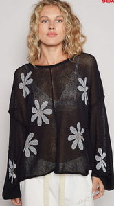 Floral Print Black Crochet Knit Top