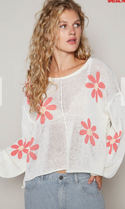 Flower Print Ivory Crochet Knit Top