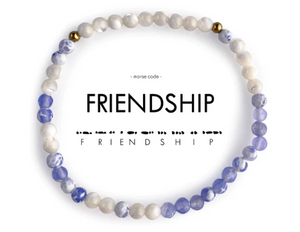Friendship Blue Lace Agate & Mother of Pearl Morse Code Matching Set Bracelets