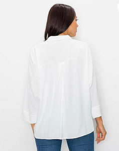 Collard Dolman Sleeve Top with Rounded Hem - White