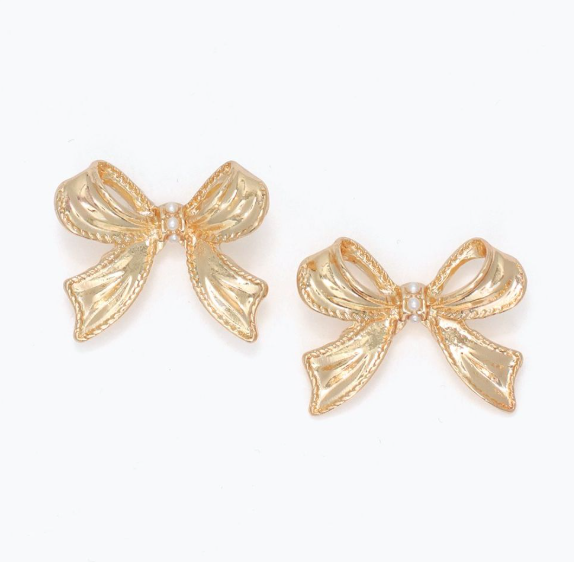 Gold Bow Earrings with Tiny Pearls