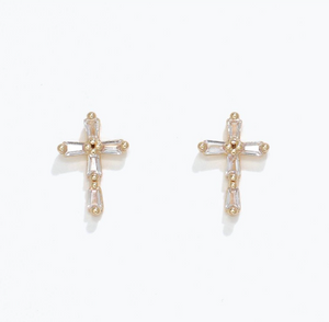Gold Cross Earrings with CZ Inlay