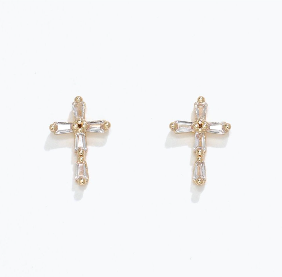 Gold Cross Earrings with CZ Inlay