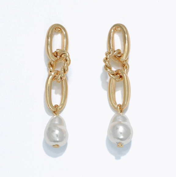 Gold Link Drop Earrings with Pearls