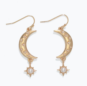 Gold Moon and Star Drop Earrings