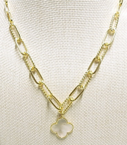 Gold Mother of Pearl Clover on Paperclip Chain