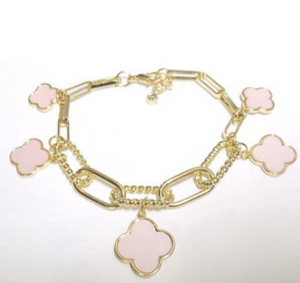 Gold Pink Clovers Charm Bracelet