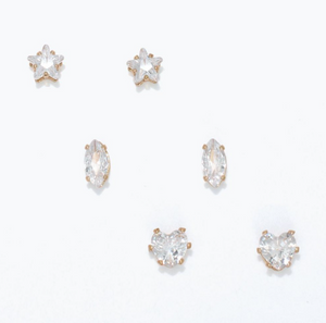 Gold Stud Earrings with CZ Trio