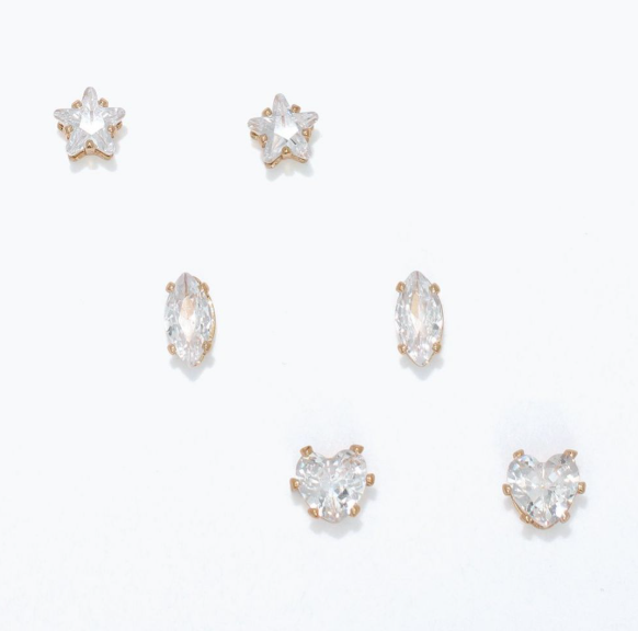Gold Stud Earrings with CZ Trio