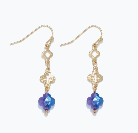 Gold and Blue Clover Drop Earrings