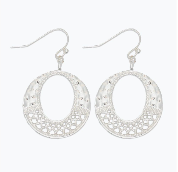 Hammered Silver and Open Work Hoop Earrings