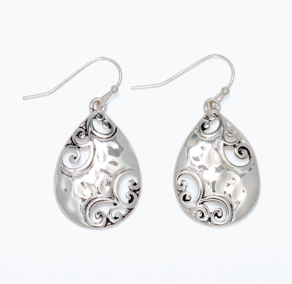 Hammered Silver Tear Earrings with Open Filigree