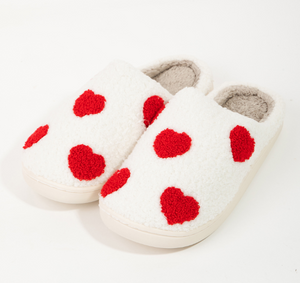 Ivory Heart Print Faux Fur Slippers