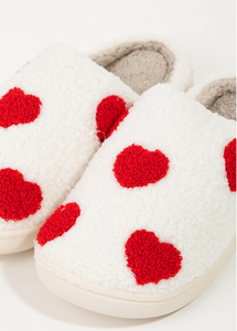 Ivory Heart Print Faux Fur Slippers