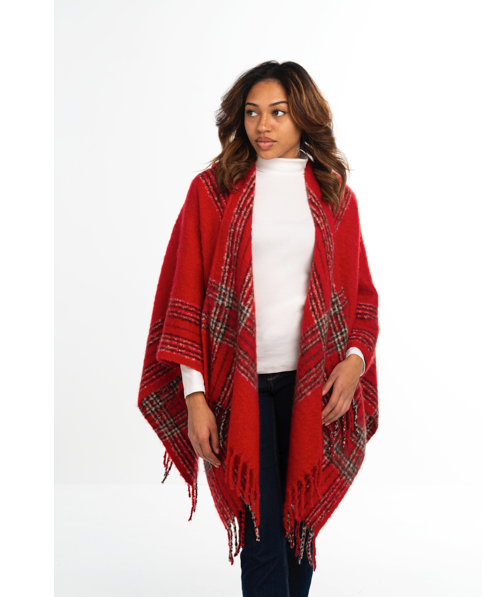 Holiday Red Plaid Hooded Wrap /Shawl