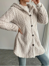 Load image into Gallery viewer, Hooded Button-Front Long Sleeve Casual Plush Jacket in Cream

