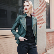 Load image into Gallery viewer, Hunter Green Liquid Leather Jacket by Clara Sunwoo
