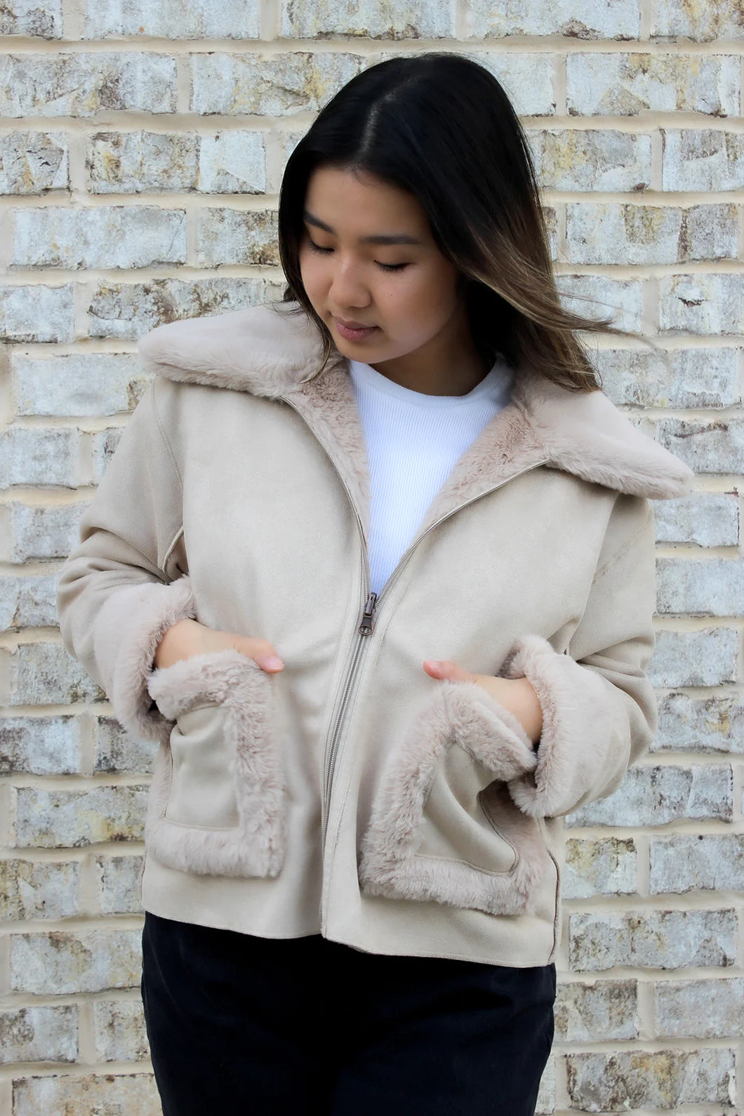 Tan top fuzzy jacket