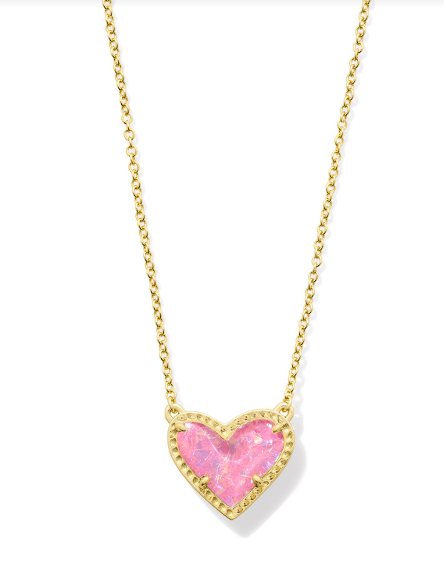 Kendra Scott Ari Heart Necklace Pink Iridescent Glitter Glass Gold