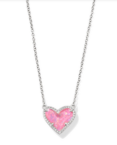 Kendra Scott Ari Heart Necklace Pink Iridescent Glitter Glass Silver