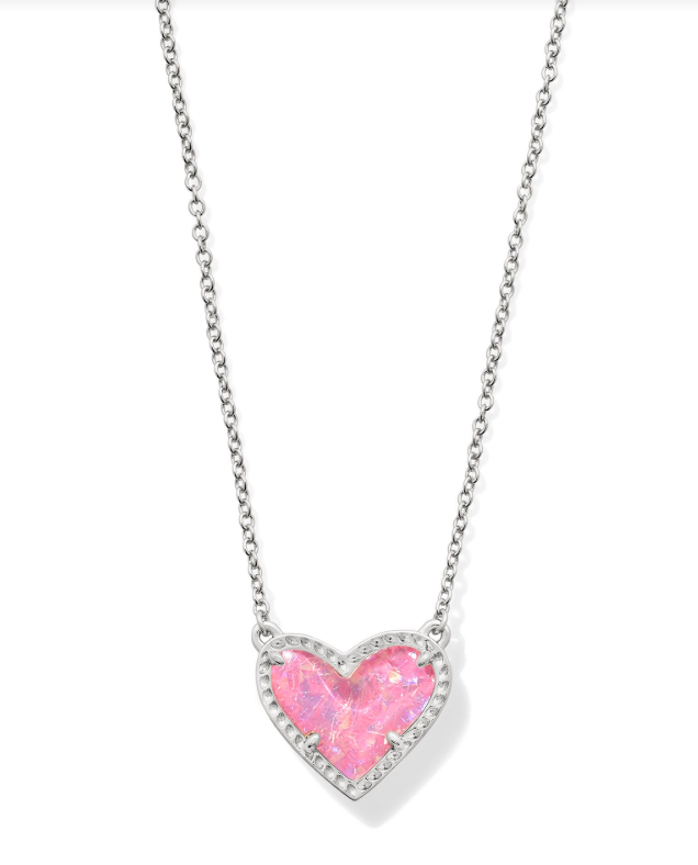 Kendra Scott Ari Heart Necklace Pink Iridescent Glitter Glass Silver