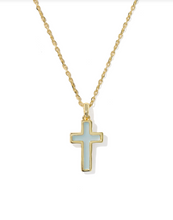 Load image into Gallery viewer, Kendra Scott Cross Pendant Necklace Matte Light Blue Dichroic Glass
