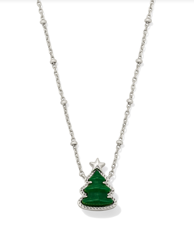 Kendra Scott Holiday Tree Pendant Necklace Rhodium Green Quartzite