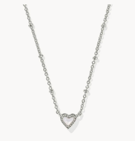 Kendra Scott Mini Ari Heart Necklace Rhodium Ivory Mother of Pearl