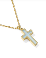 Load image into Gallery viewer, Kendra Scott Cross Pendant Necklace Matte Light Blue Dichroic Glass
