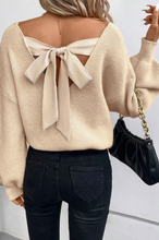 Load image into Gallery viewer, Lantern Sleeve V-Neck Knot Back Sweater Apricot
