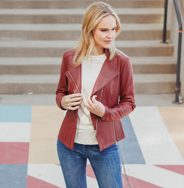 Women's Red Asymmetrical Slim Fit Leather Jacket - Sale