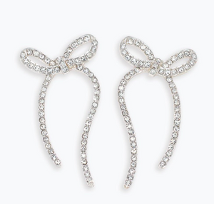 Long Silver Bow Earrings with Crystals