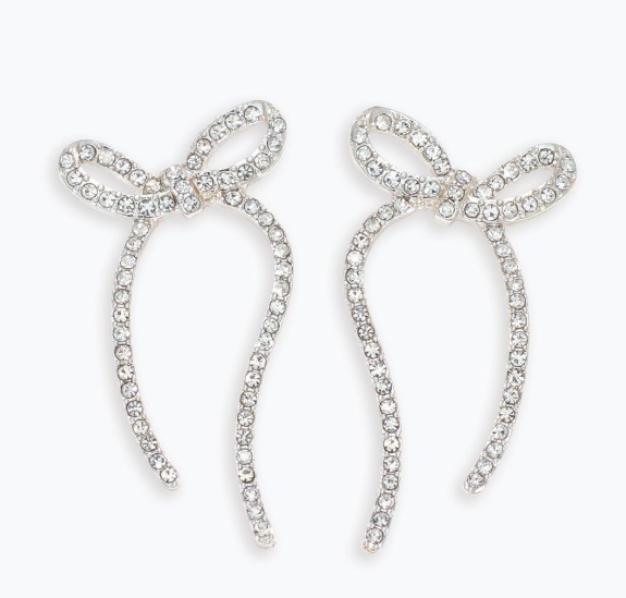 Long Silver Bow Earrings with Crystals