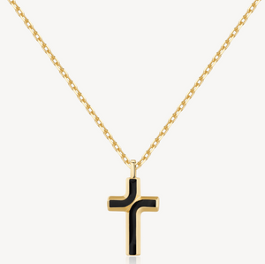 Men's Stainless Steel Gold Necklace with Black Enamel Cross Pendant by Brosway