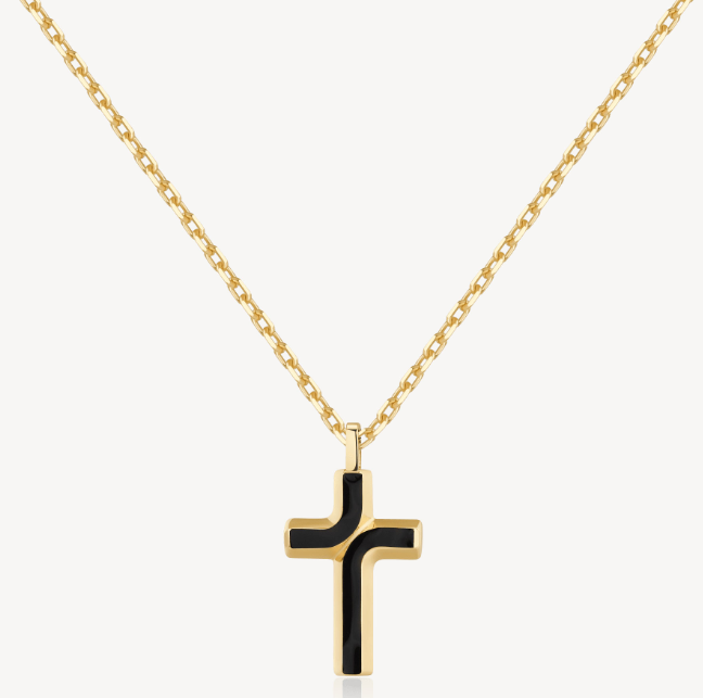 Men's Stainless Steel Gold Necklace with Black Enamel Cross Pendant by Brosway