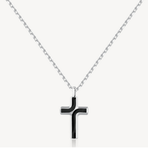 Men's Stainless Steel Necklace with Black Enamel Cross Pendant by Brosway