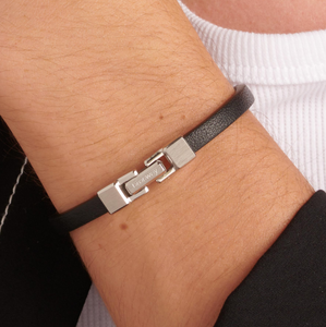 Men's Black Leather Bracelet with Stainless Steel Elements by Brosway
