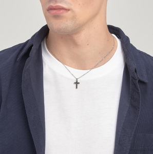 Men's Stainless Steel Necklace with Black Enamel Cross Pendant by Brosway